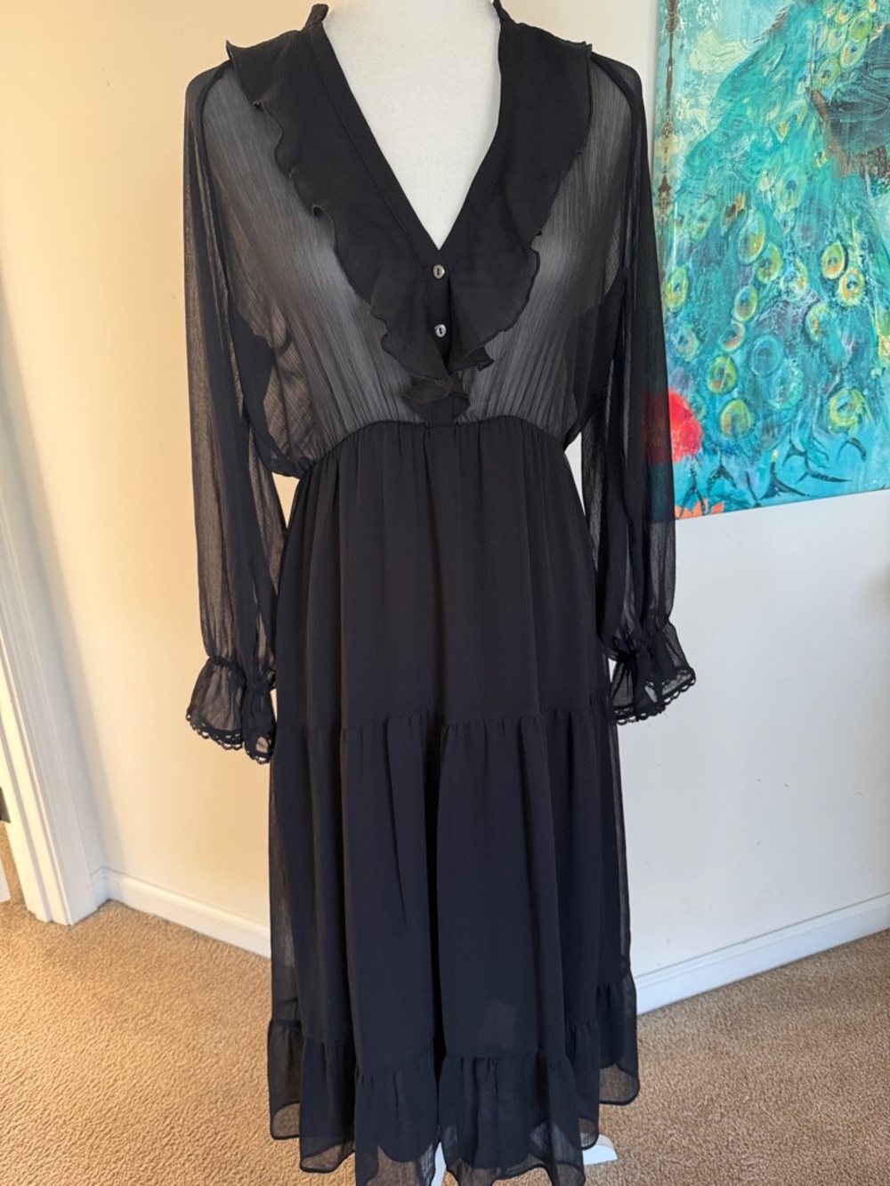 Zara Black Long Sleeve Ruffled Midi Dress